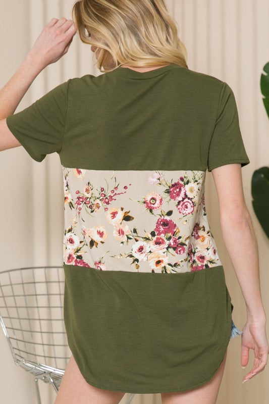 Solid Floral Color Block Short Sleeve Top