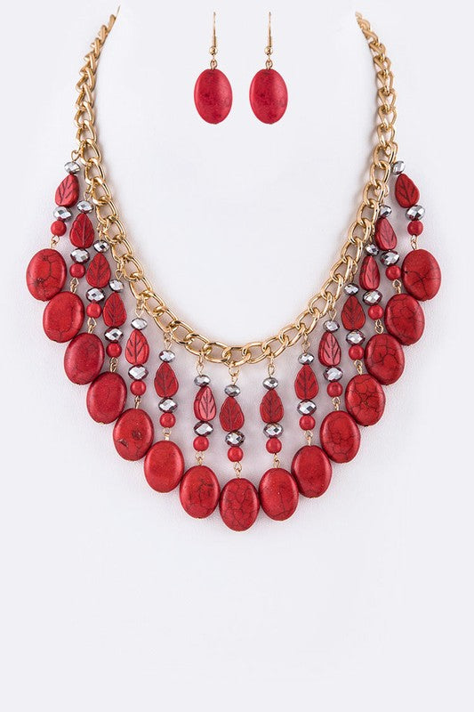 Carved Stone Leafs & Beads Statement Necklace Set