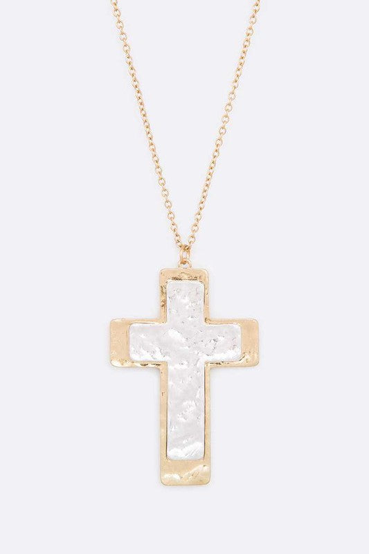 2 Tone Hammered Cross Pendant Necklace