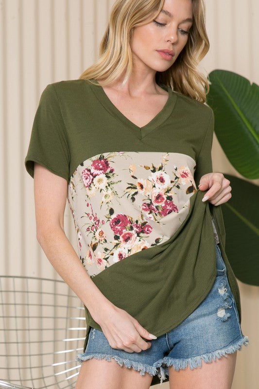 Solid Floral Color Block Short Sleeve Top