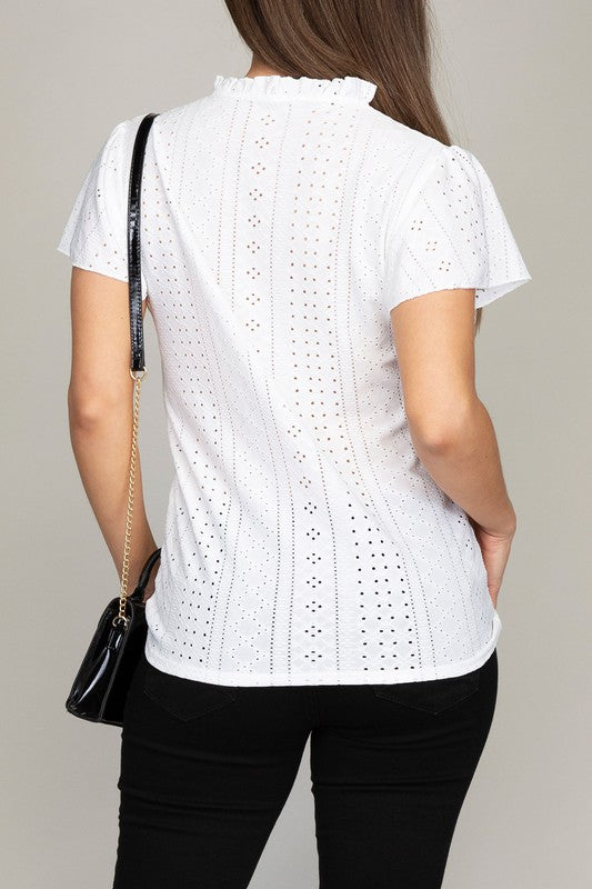 Embroidered eyelet blouse with ruffle