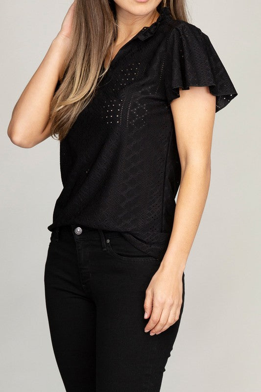 Embroidered eyelet blouse with ruffle