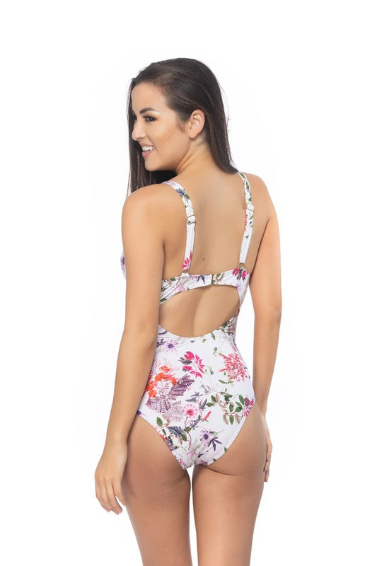 ONE PIECE FLORAL PRINT WITH MESH INSERT DETAILS.