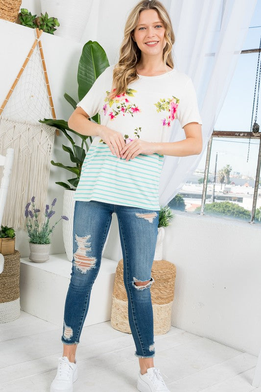FLORAL STRIPE MIXED TOP
