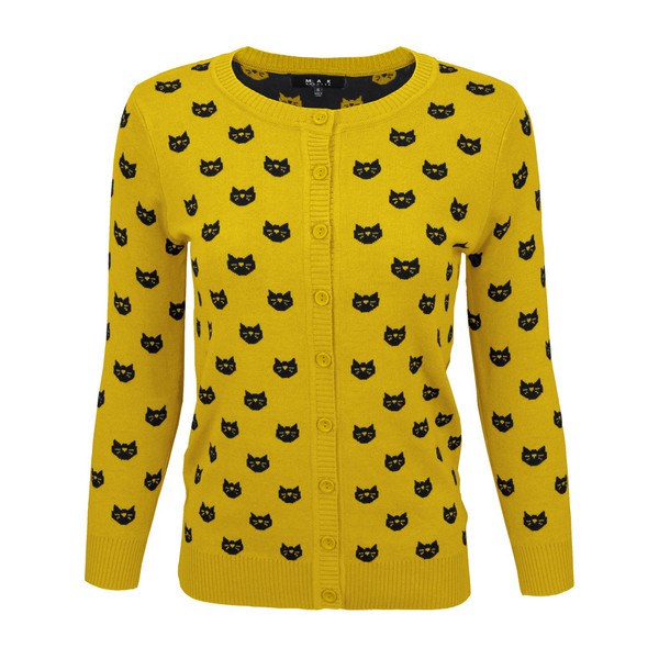 Round Neck Cat Patterned Cardigan Sweater