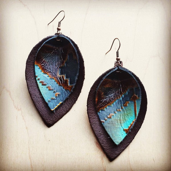 Leather Double Stacked Earrings Blue Navajo