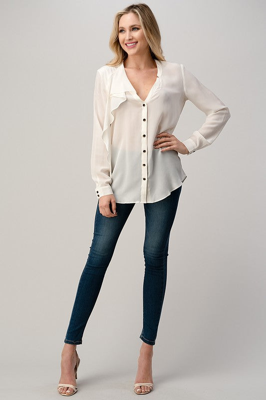 Ruffled Neck Button Front Shirts With Long Sleeves