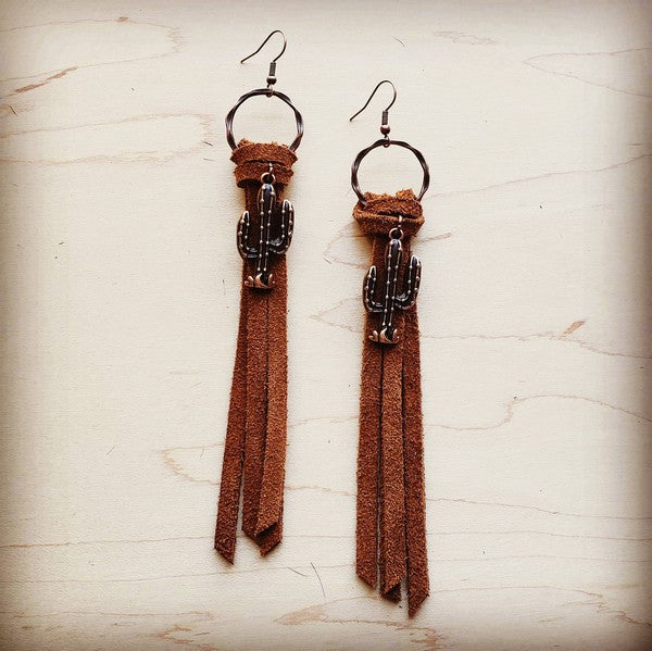 Suede Leather Tassel Earrings w/ Cactus Charm