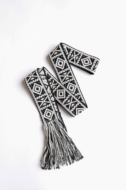 Woven Aztec Waist Tie Belt w/ Frayed Trim