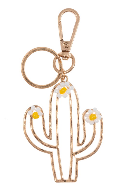 Metal Cactus with Seed Bead Flower Keychain