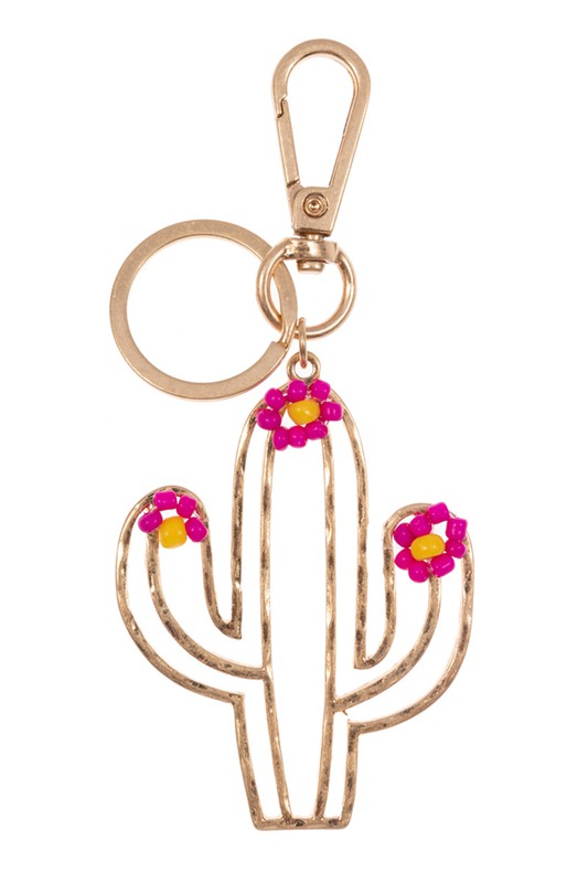 Metal Cactus with Seed Bead Flower Keychain